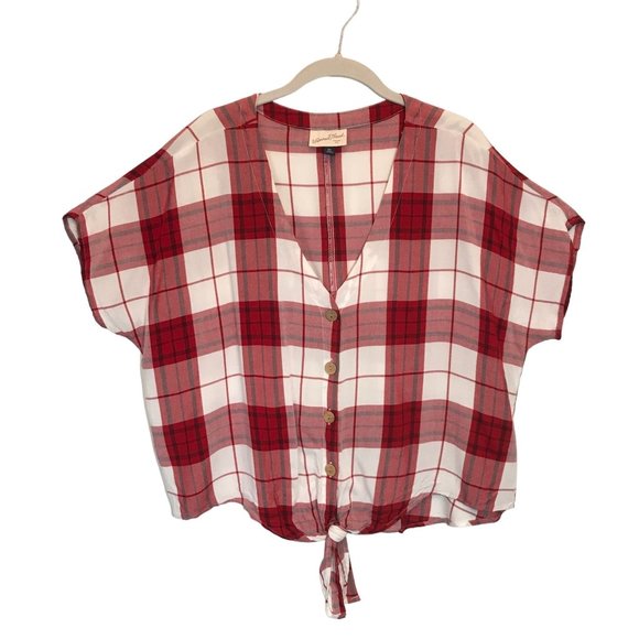 Universal Thread V-Neck Tie Front Plaid Top in Red White - Size XXL - Picture 2 of 7